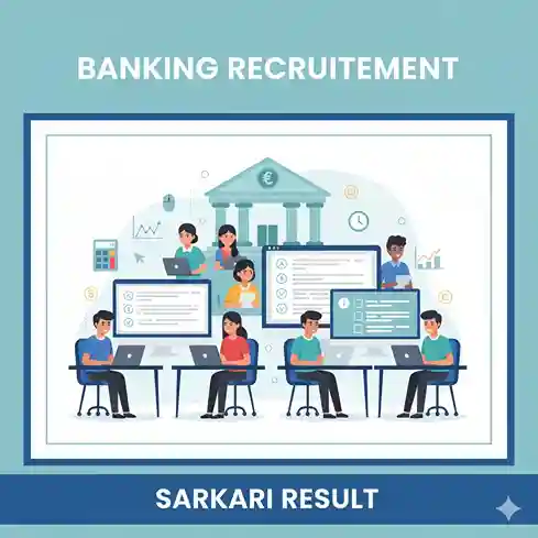 Bank Jobs 2025 - Complete Recruitment & Exam Information Banking recruitment illustration depicting candidates working on computers with bank building in background, representing various banking sector job opportunities and online examination process - Sarkari Network