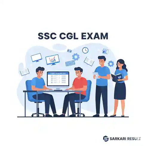 SSC CGL Recruitment - Exam Pattern, Syllabus & Updates SARKARI NETWORK SSC CGL computer-based examination illustration showing candidates preparing for Staff Selection Commission Combined Graduate Level test with study materials and digital devices - Sarkari Network
