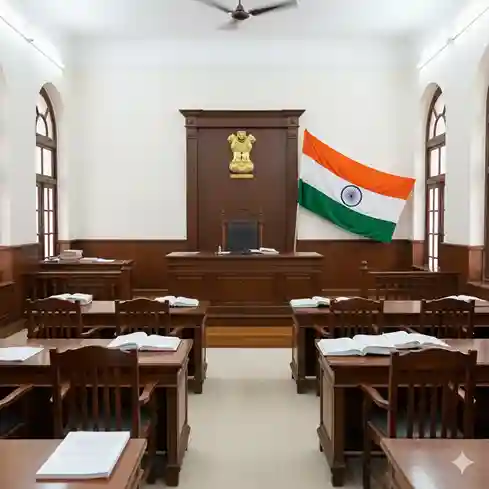 Govt law jobs in judicial services showing Indian courtroom with judge's bench and national emblem