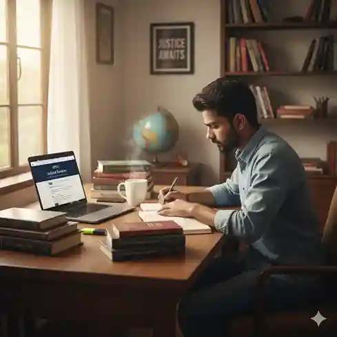 Student preparing for govt law jobs entrance examination with judicial services study materials and law books