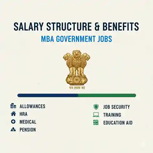 Detailed infographic on salary structure for MBA govt jobs in 2025, showing basic pay (₹35k-₹1L+), allowances (DA 50%+, HRA 24-27%), total CTC ₹8-18L, and benefits like pension, job security, and work-life balance for roles in RBI, SBI, NABARD