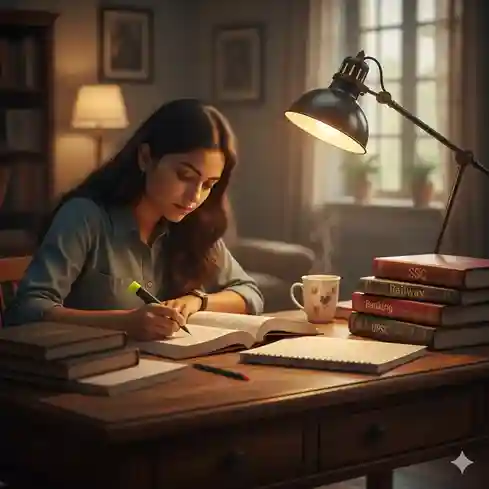 Student preparing for Sarkari exam with books and study materials